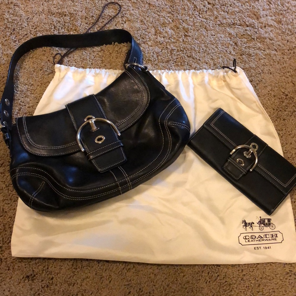 Coach black leather buckle shoulder bag and wallet